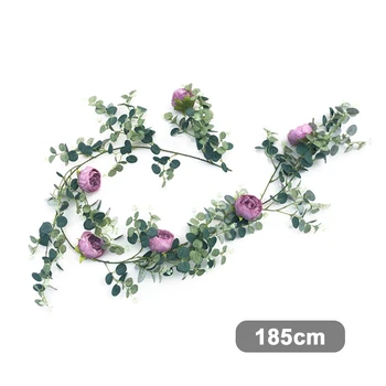 

185cm Artificial Rose Flower String Eucalyptus Leaves Rattan with 6 Flowers for Wedding Decoration Background Garden Wall Decor