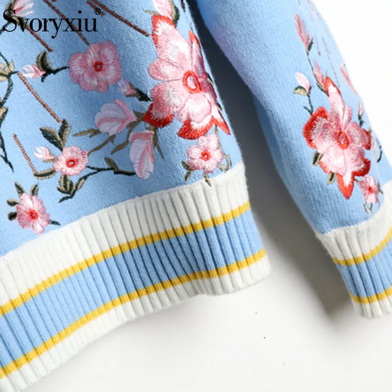 Svoryxiu 2018 Runway luxury Winter Knitting Pullovers Women's High Quality Floral Crown Embroidery Casual Loose Blue Sweater