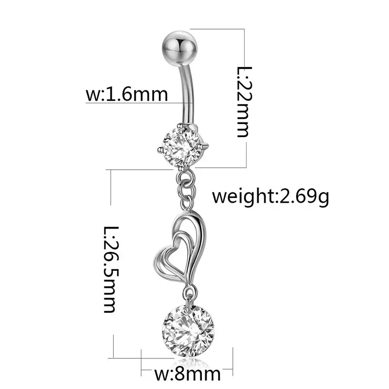 Hot Statement Hollow Double Heart Gold Surgical Steel Piercing Body Jewelry Sexy Crystal Zircon Pendant Belly Button Rings