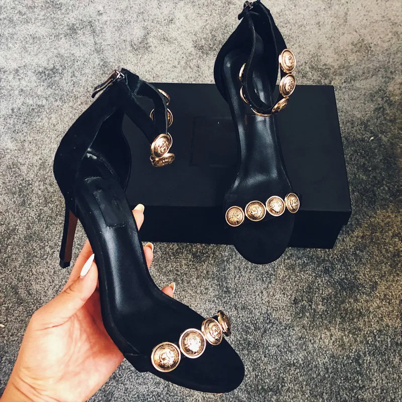 

2019 Sexy Women Sandals High Heels Summer Thin Heel Suede Leather Rivet Peep Toe Sexy Party Shoes Sandalia Feminina