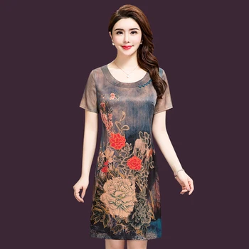 

Summer Simple Elegant Silk Printing Women Dress New Style Short Sleeve And Round Collar Designs Slim Lady Big Code Dresses