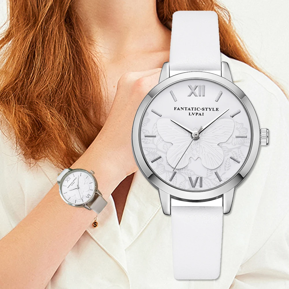 

Lvpai Brand Butterfly 3D Ladies Dress Watches Silver Women Fashion White Leather Bracelet Colcks Wristwatch Relogio Feminino