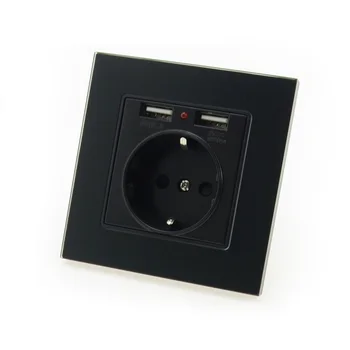 

MiniTiger Black Luxury Glass Panel Wall Power Socket 16A EU Electrical Outlet With 2.1 A Dual USB Socket Charger Port for Mobile