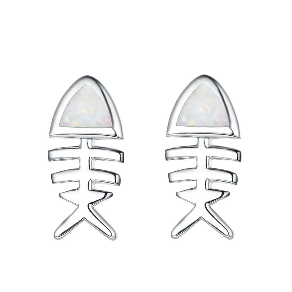 Простой Синий/Белый огненный опал рыбья кость женщин 925 стерлингового серебра серьги гвоздики для друзей подарки