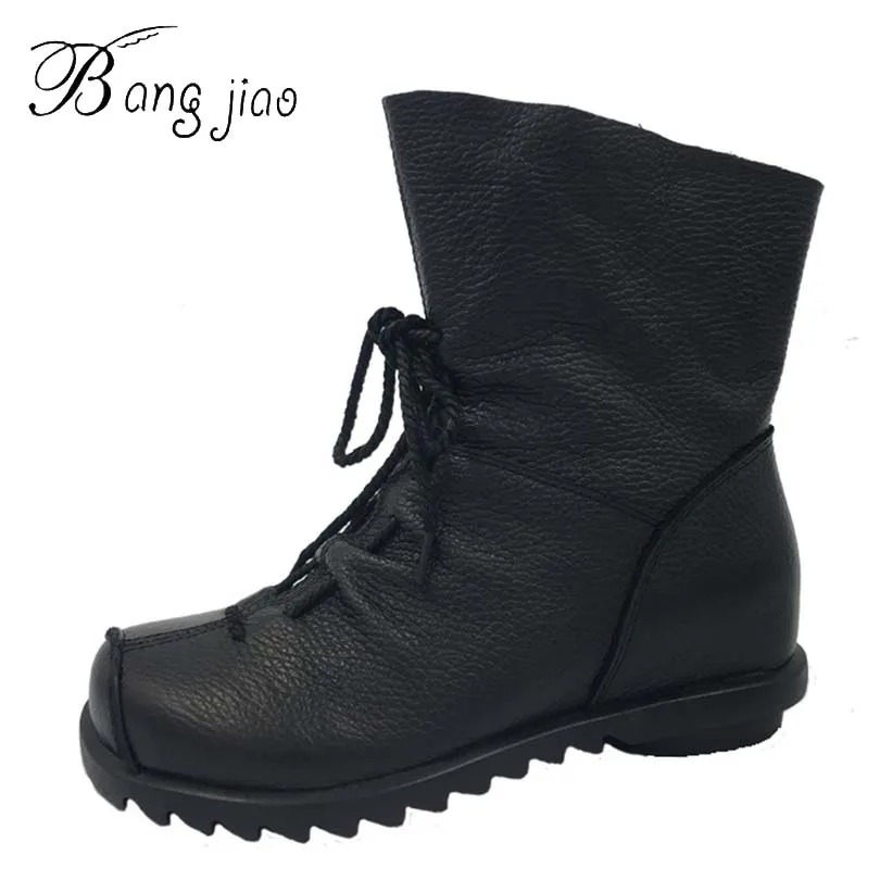 cowhide leather flat heel boots