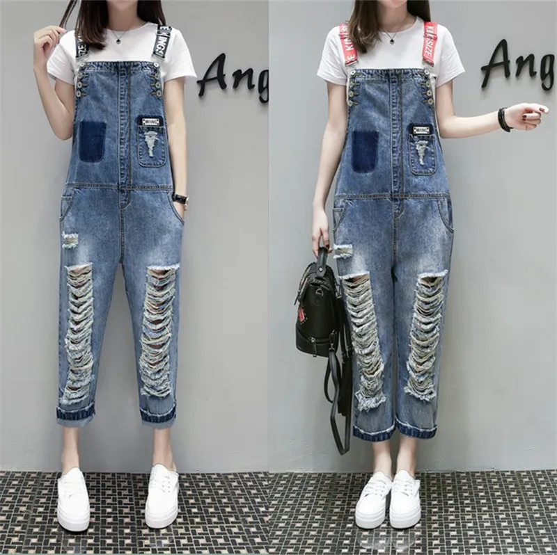 

2019 summer women denim overalls ripped stretch dungarees high waist long jeans plus pencil pants rompers jumpsuit blue