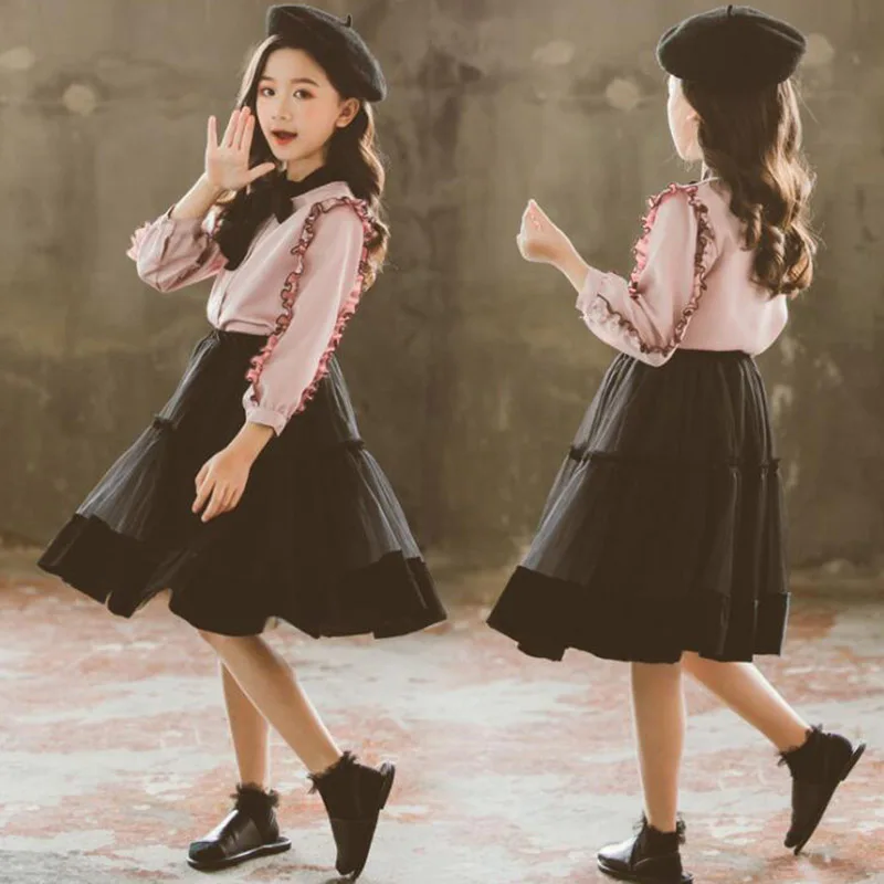 spring girls shirt dress children Chiffon two-piece suit for girls clothes (4)