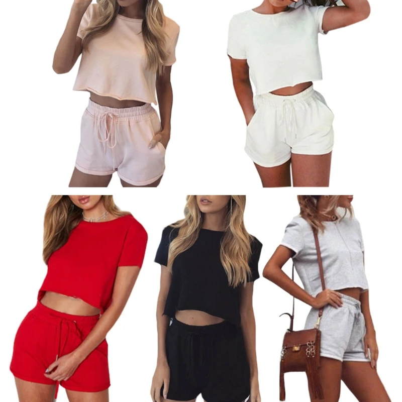 2 PCS Activewear Set Navel Short Sleeve Crop Top Shirt And