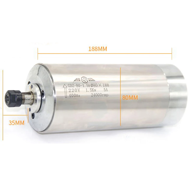 

Engraving machine water-cooled motor spindle 1.5KW 3 bearing 220/380V 5A 400HZ Speed 0-24000rpm Chuck ER11 size 188mm 80mm
