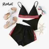 Romwe Sport Gestreepte Bikini Set Hoge Cut Badpak Breken Shorts Black 3 Stuk Badpak Vrouwen 2019 Tankini Sport Driehoek Badmode