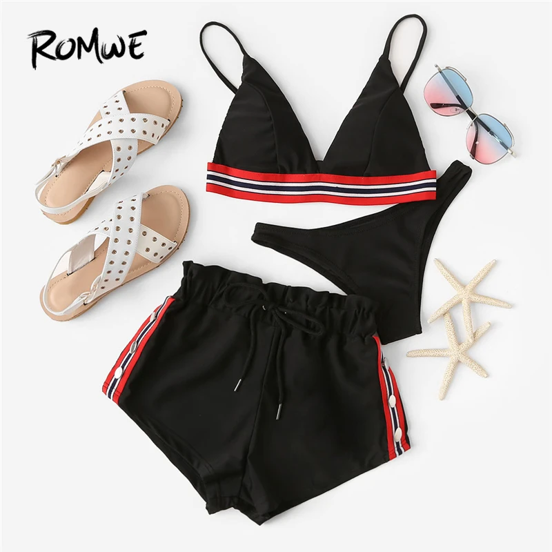 

Romwe Sport Striped Bikini High Cut Swimming Briefs Loose Shorts Black 3 Pieces Bikini Set Women 2019 Beach Triangle Swimwear