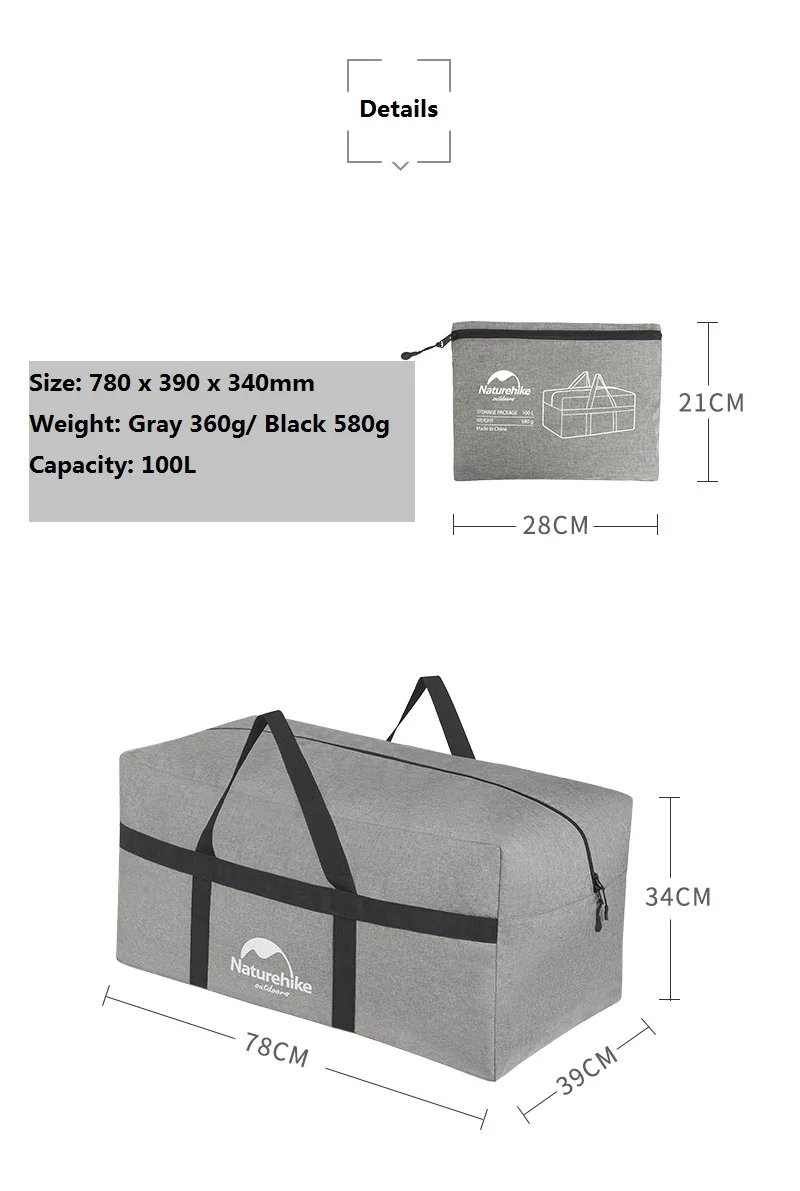 NatureHike 100L Высококачественная нейлоновая вместительная багажная сумка для путешествий, кемпинга, Портативная сумка для багги, туристическая посылка, сумки