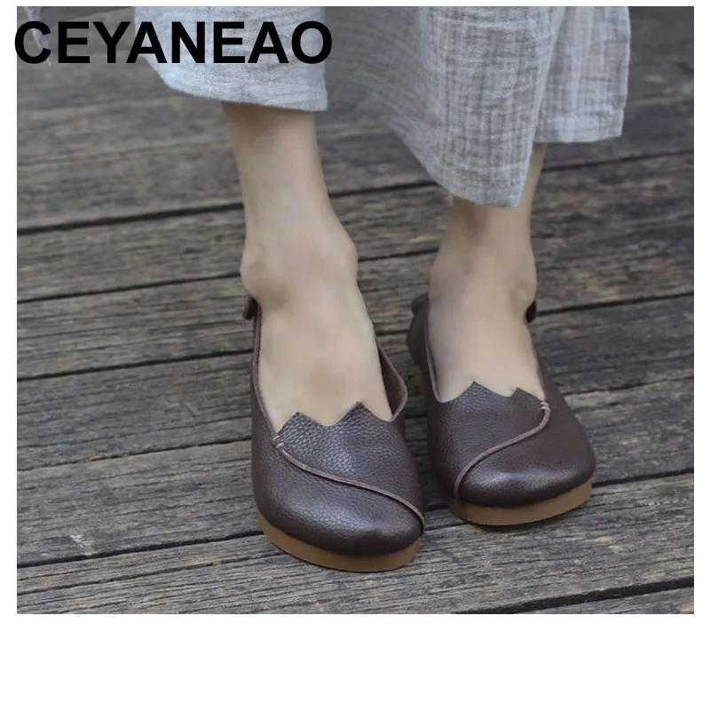 

CEYANEAO Shoes Woman Flat Round Toe Slip on Ballet Flats 100% Authentic Leather Ladies Flat Shoes Anti-slip Women Moccasins