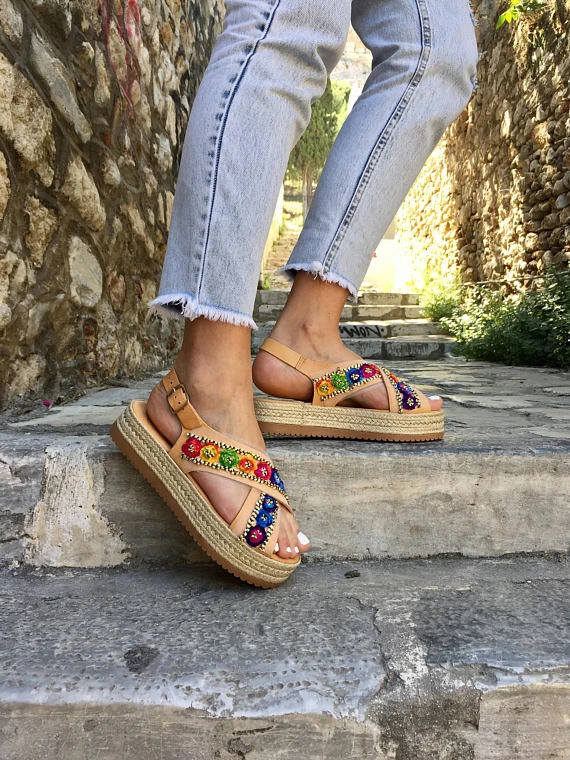 Sandalias con flores de estilo étnico con plataforma abierta en el dedo del pie, sandalias para mujer, colores variados, zapatos de gladiador para mujer, sandalias de verano|Sandalias de mujer| -