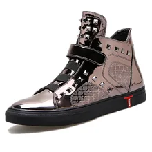 Los hombres zapatos casuales de cuero brillante gun metal color de alta superior llanura zapatos de hombre remache calidad del hip hop zapatos zapatillas hombre XK110303(China (Mainland))