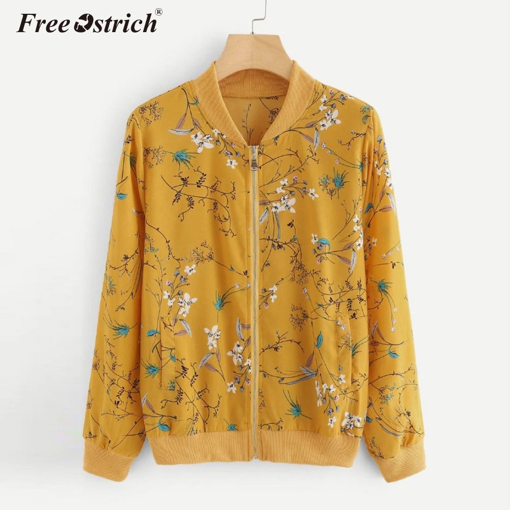 FREE OSTRICH Flower Floral Print Baseball Jacket Bomber Jacket Women Basic Coats Long Sleeve Zipper Outwear Autumn 2018 N30