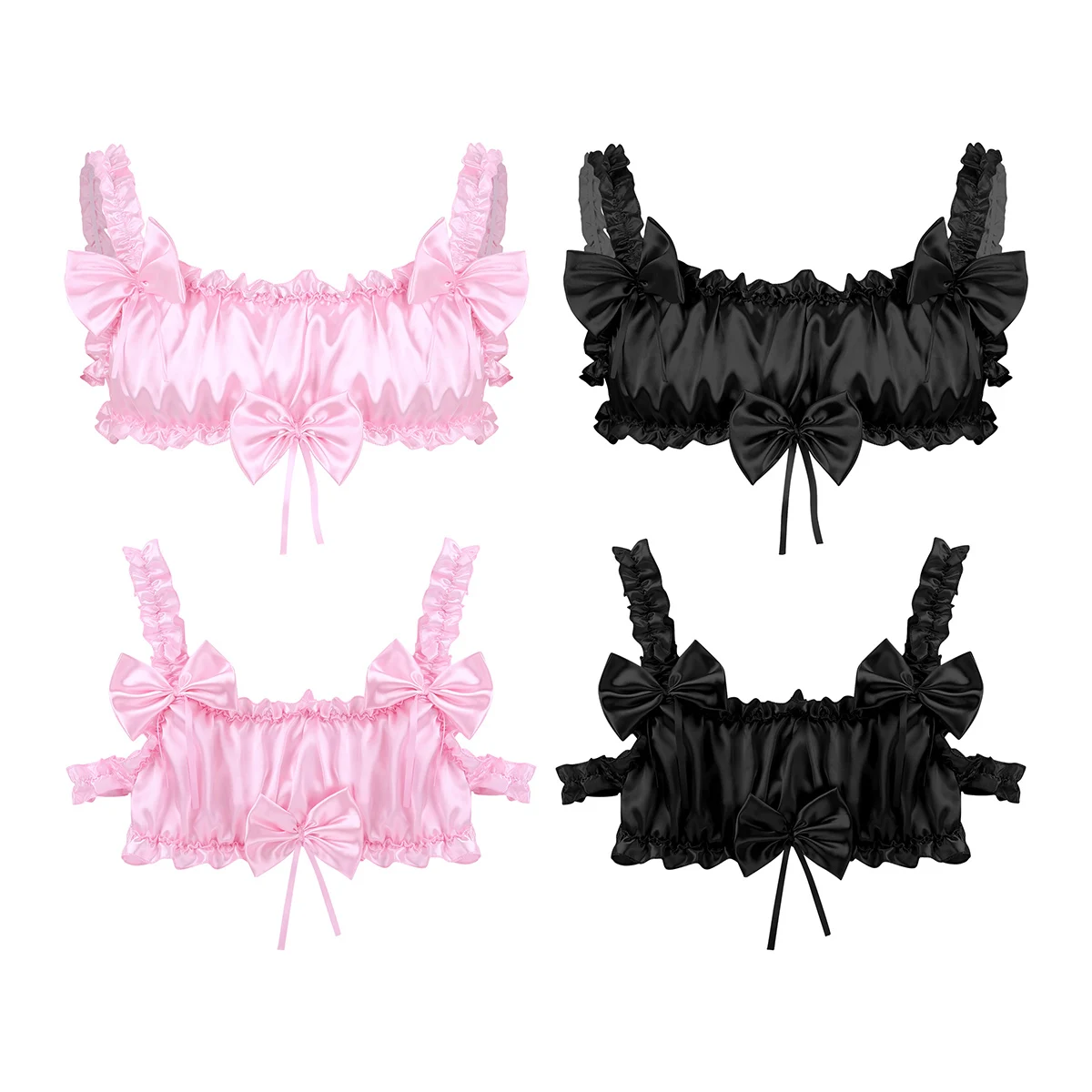 US Men Sissy Lingerie Satin Frilly Bra Elastic Wide Shoulder Straps Backless Top
