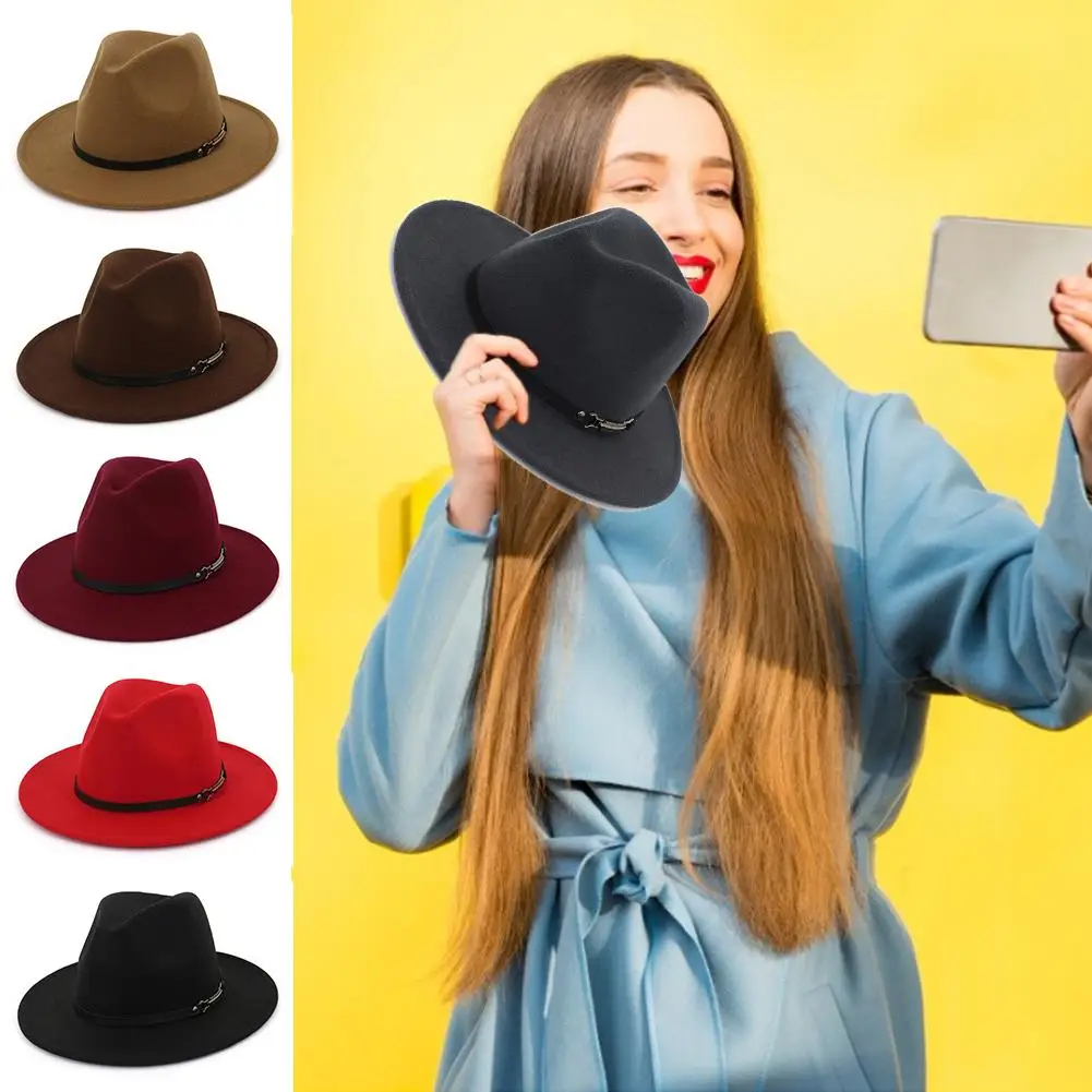 Ковбойская шляпа шерстяная шляпа ретро плоская большая шляпа пара Джаз мужчин и женщин фетровый головной платок шляпа широкополый шляпа Пряжка Мода солнце стра