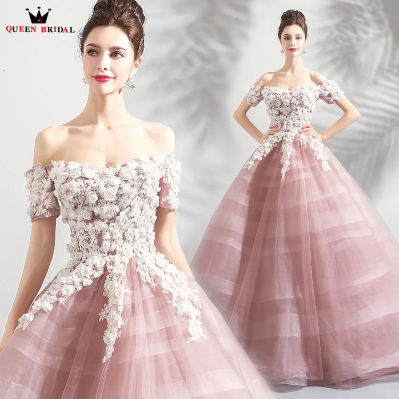

Ball Gown Short Sleeve Fluffy Tulle Lace Flowers Appliques Evening Dresses 2018 New Arrival Evening Gown Robe De Soiree JU66