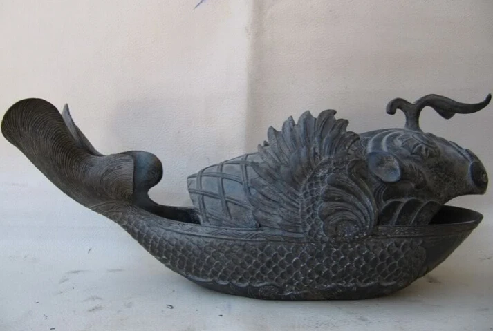 

Collectible bronze S2669 China Folk old Pure Bronze Copper Dragon Fish boat incense burner censer statue (B0413)