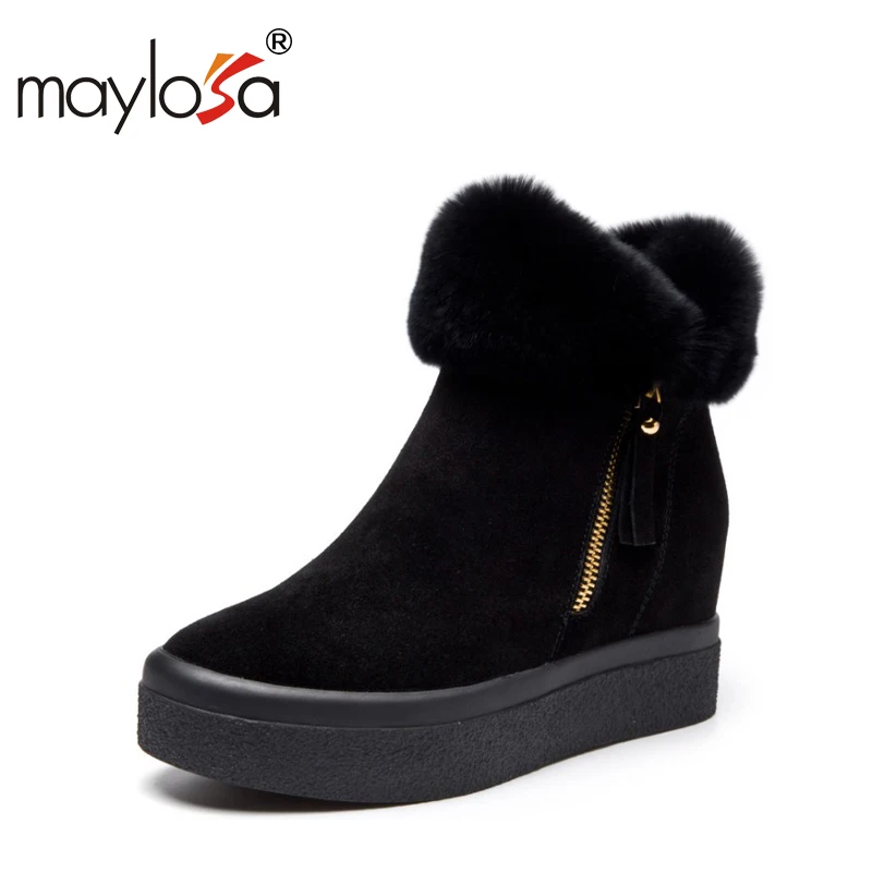 

MAYLOSA women genuine leather snow boots natural wool fur insole winter booties platform shoes high heels ankle boots