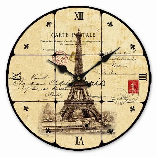 Retro Vintage Style Large Clock Paris Eiffel Tower Stamp Shabby Home