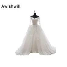 Robe de Mariee V-neck Lace Appliques Tulle See Through Back Ball Gown Bridal Dress Long Sleeve Princess Vintage Wedding Dress