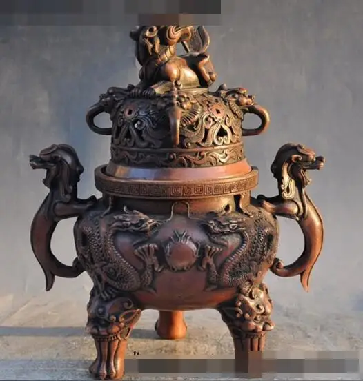 

S02158 11"chinese buddhism bronze dragon lion pixiu beast statue incense burner censer (B0413)
