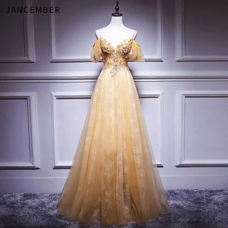

JANCEMBER 2019 Latest Evening Dress Off the Shoulder Lace Short Sleeve Backless Lace Up Back Sequin Lace Applique vestido longo