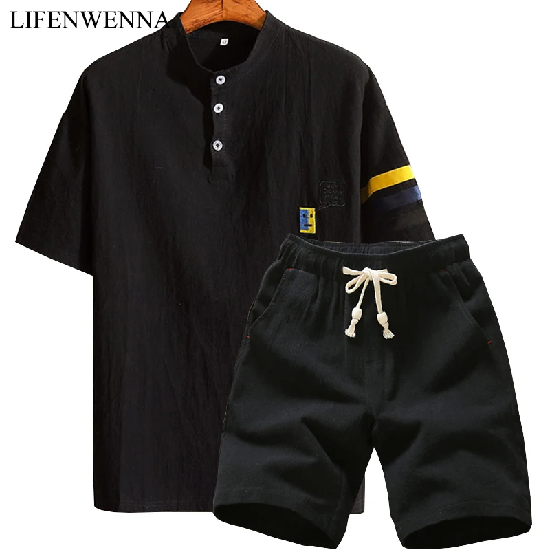 

2019 New Fashion Summer Short Sets Men Casual Striped Suits For Men Stand Collar Cotton Suit Sets Male Beach T Shirt +Shorts 5XL