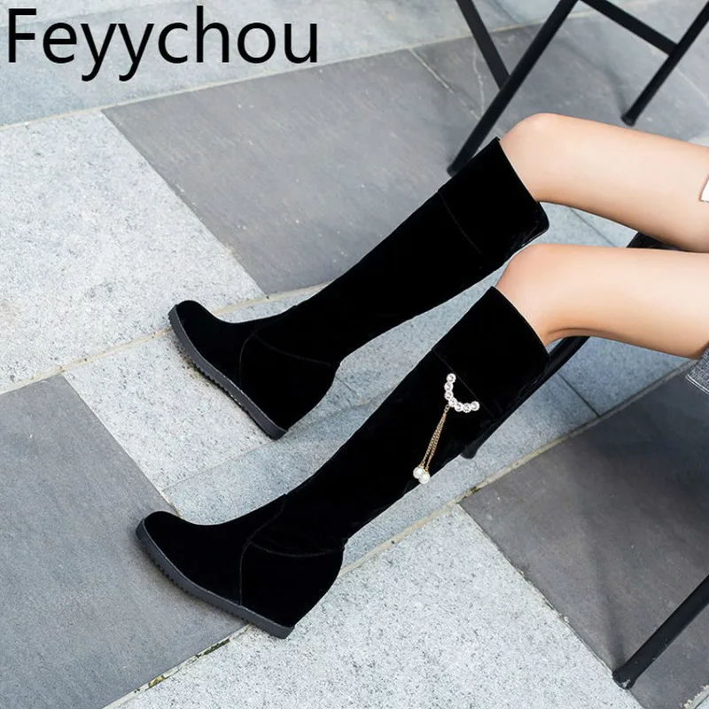 

Women Boots Autumn Winter Warm Flock Slip-on Knee-high Crystal Motorcycle Boots 2018 Sexy New Fashion Stretch Slim Flat Shoes