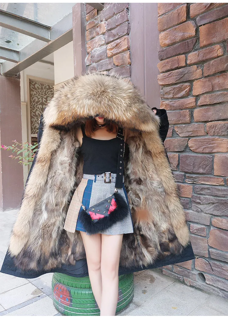 

X-long 2019 Winter Jacket Women Real Fur Coat Parka Natural Raccoon Fur Collar Fox Fur Liner Thick Warm Detachable Streetwear