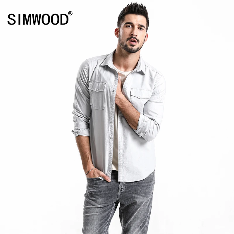 Acheter SIMWOOD 2019 printemps Nouveau Casual Chemises Hommes Slim Fit Coton Double Poche Poitrine Plus La Taille Chemise Haute Qualité Marque Vêtements 180168
