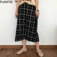 PLAMTEE, винтажные однобортные клетчатые женские юбки с эластичной резинкой, новая Талия, высокая талия, Saia Midi, летние юбки Харадзюку для женщин