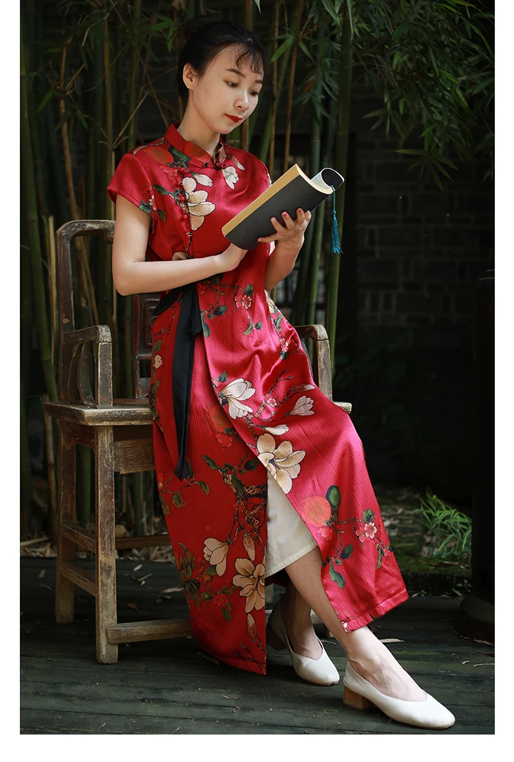 LZJN High Quality Summer 100% Real Silk Print Dress Split Qipao Chinese Style Long Cheongsam Slim Classic Women's Dress Custom (12)