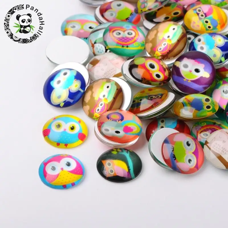 

10/14/16/18/20/25mm Cartoon Owl Printed Glass Crystal Animal Halloween Festival Kids DIY Half Round/Dome Cameo Cabochons Mixed
