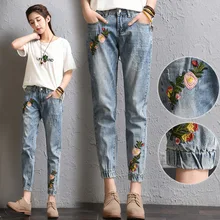 Фактические женские джинсы с вышивкой вышитые девять минут брюки Корейская версия свободные и тонкие брюки Hallen женские брюки