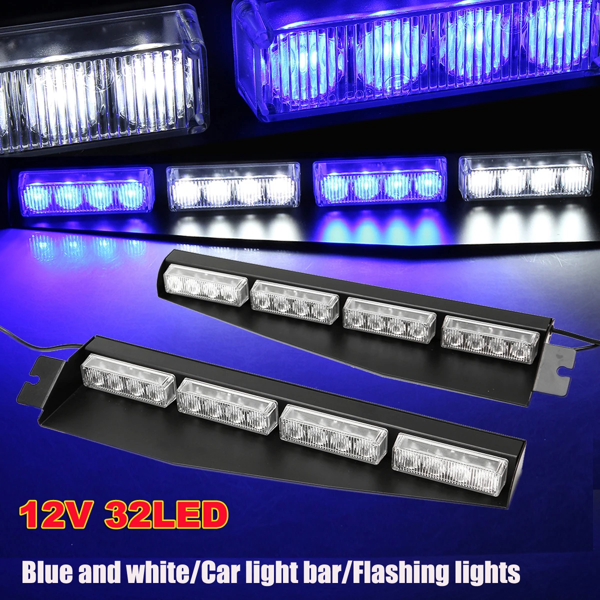 

32 LED Car Emergency Light Warning Strobe Visor Led Light Split Mount Deck Dash Lightbar Auto Blue/White Color Signal Lamp