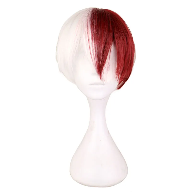 

QQXCAIW Men Short Costume Cosplay Wig Boys Half White Half Red 30 Cm Heat Resistant Synthetic Hair Wigs
