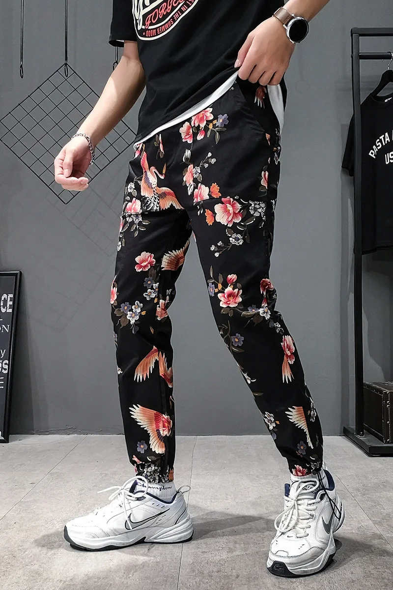 Уличная одежда Харадзюку, хипстерские спортивные штаны в китайском стиле, летние штаны для бега, мужские шаровары-карго в стиле хип-хоп, модные повседневные брюки с цветочным принтом