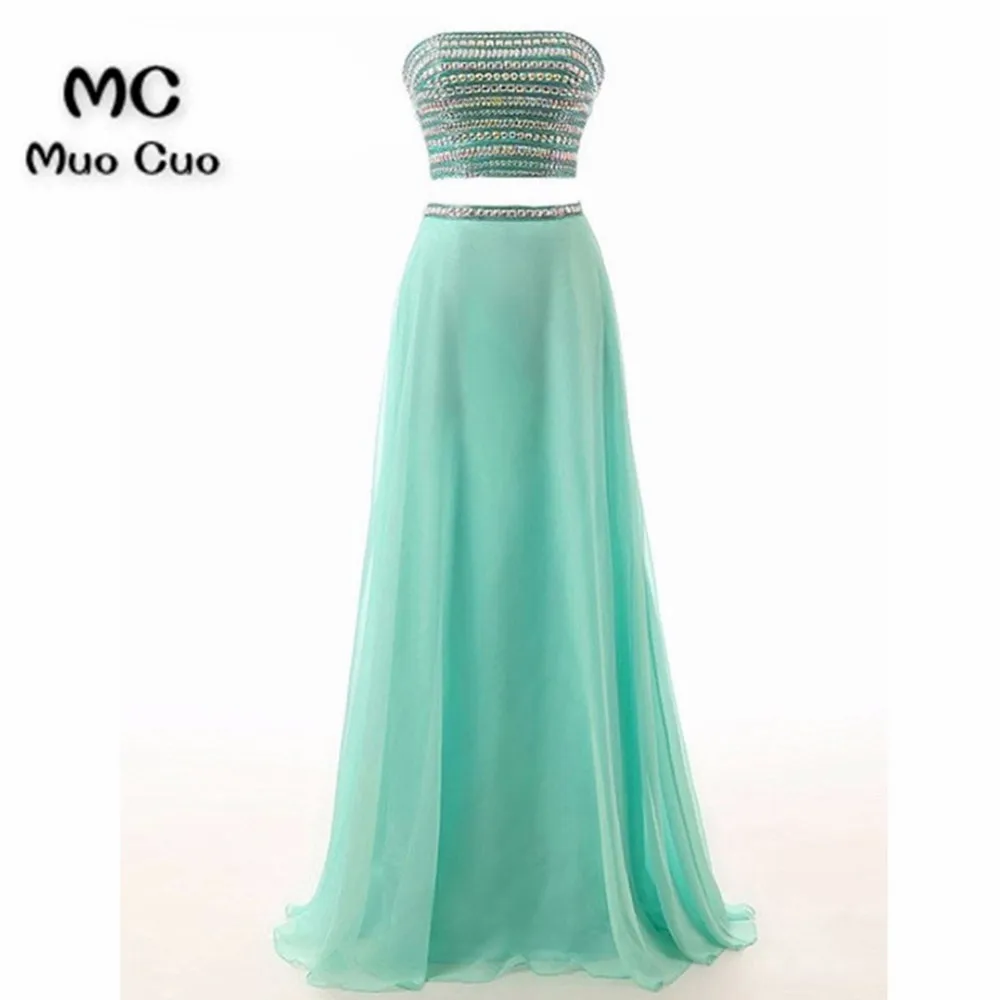 

New 2018 Aqua Mint Prom Dresses Long with Crystals Sweetheart Two Pieces Gown Formal Beaded Evening Dresses for women