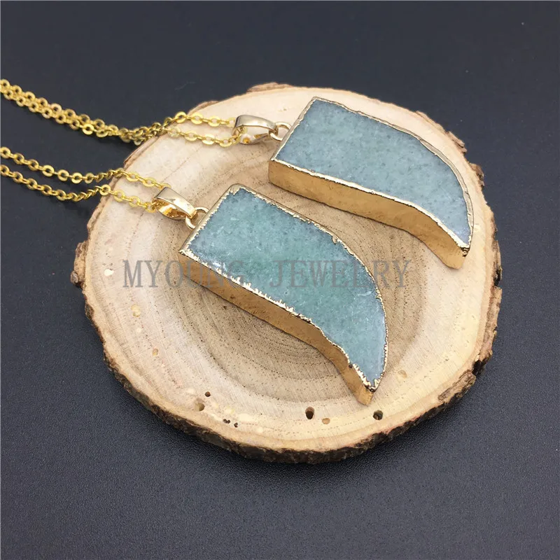 MY0850 Aventurine HornTusk Pendant Charm Cladding Pure Gold Color Necklace Gold Color Chain (1)
