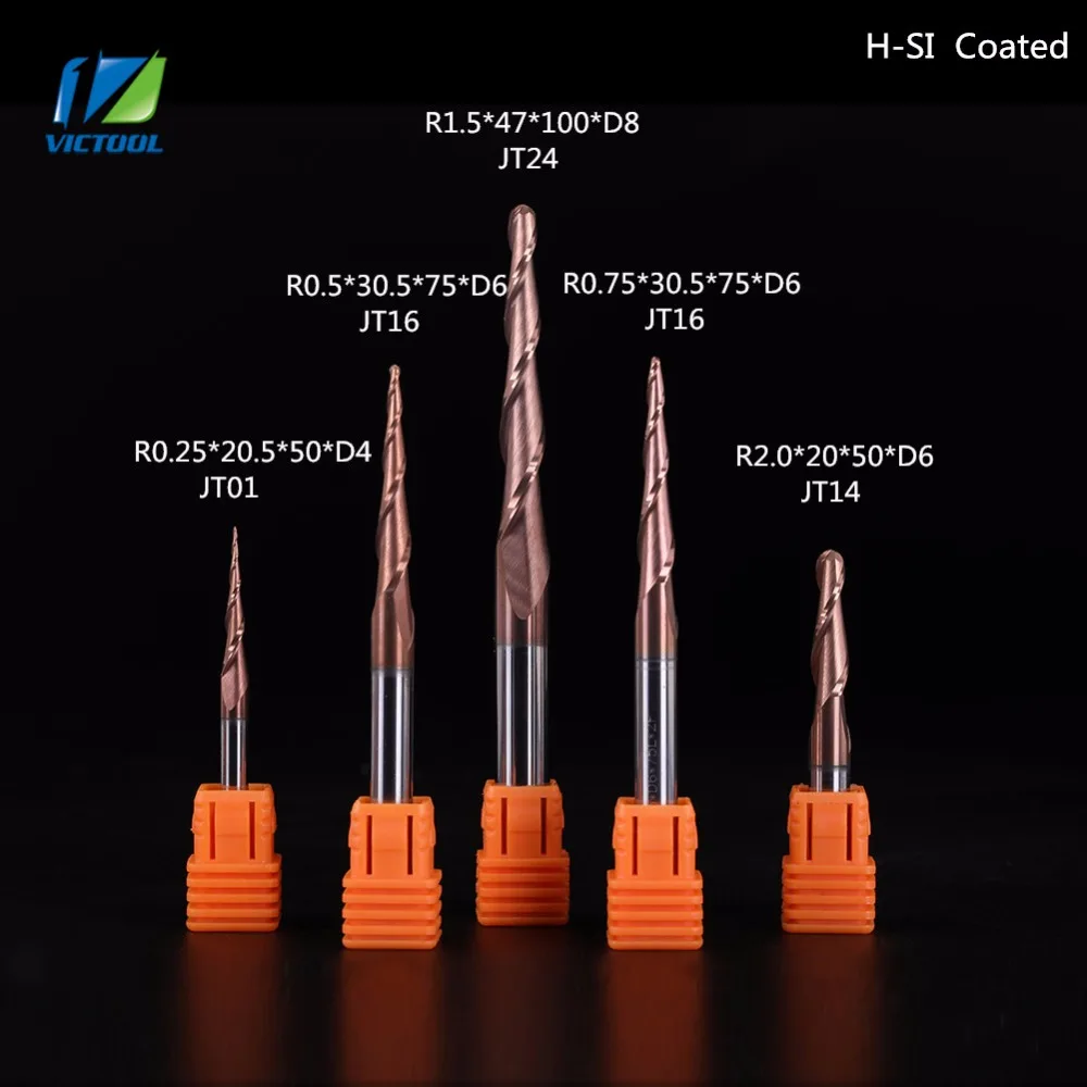 

HRC62 R0.25-R2.0 Tungsten solid carbide bits H-SI Coated Taper Ball Nose End Mills cone milling cutter woodworking router bits