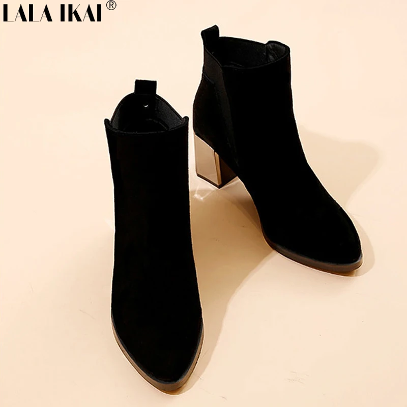 

LALA IKAI Women Winter Boots Pointed Toe Slip-on Black Color High Heels Ladies Flock Shoes Ankle Chelsea Boot Female XWC2907-5