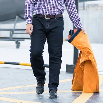 

2019 Winter New Men's Warm Jeans Business Casual Elasticity Thick Slim Denim Pant Brand Trousers Dark Blue Plus Size 42 44 46 48