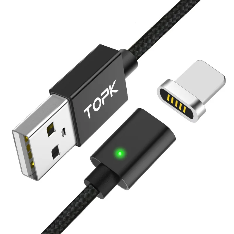 TOPK 1 м Магнитный кабель для iPhone Xs Max Xr 8 7 Plus USB C& Micro USB кабель нейлоновый Плетеный светодиодный кабель с индикатором синхронизации данных type-C - Цвет: Black cable