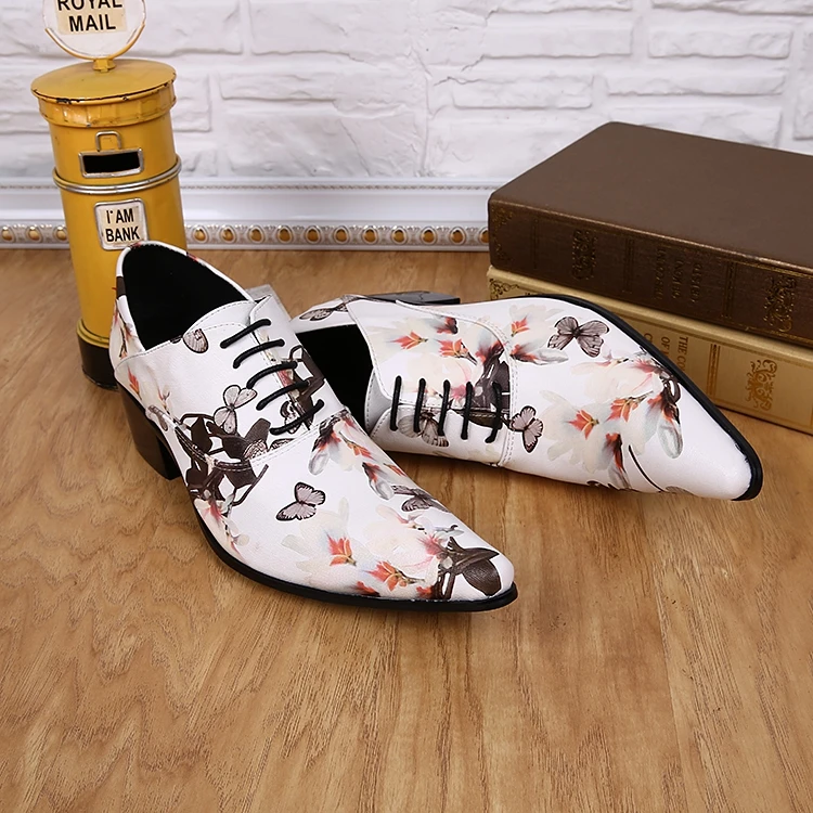 Borboleta Impressão Borracha Se Dos Cm Sapatos Acima Negócios Sapatas Calcanhar Couro Homens Genuíno Vestem 3 Masculino Da 5 Floral Quadrado Ata Oxfords De xPnZ7qw1