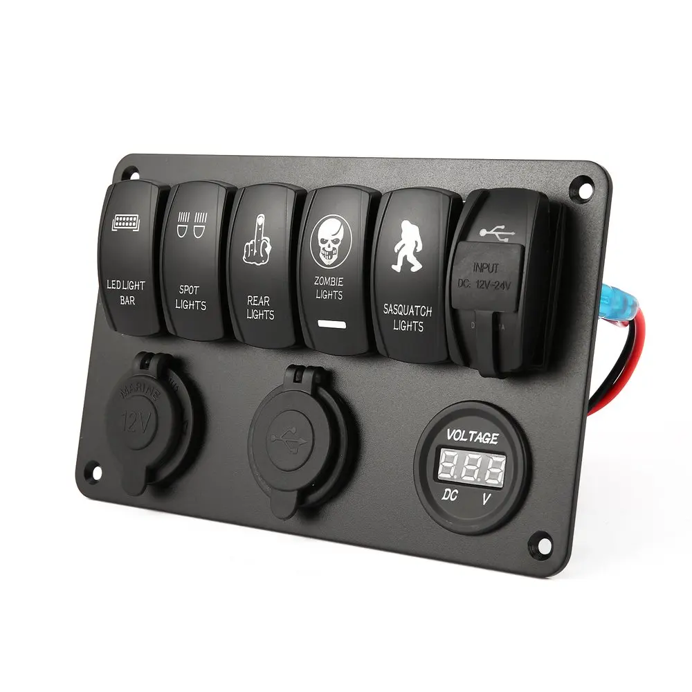 

5 PIN 6 Gang Car Marine Boat Caravan Led Rocker Switch Panel With Dual USB Charger Cigarette Socket 12v 24v Auto Switches