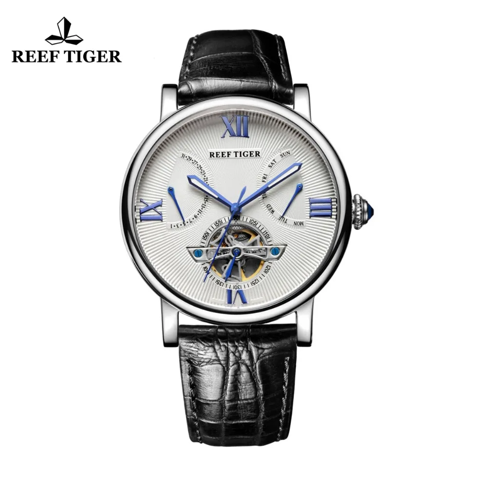 Umetniške ure Reef Tiger / RT Tourbillon Vrhunska kakovostna ura z datumom in usnjene ročne ure iz kože iz moških RGA191