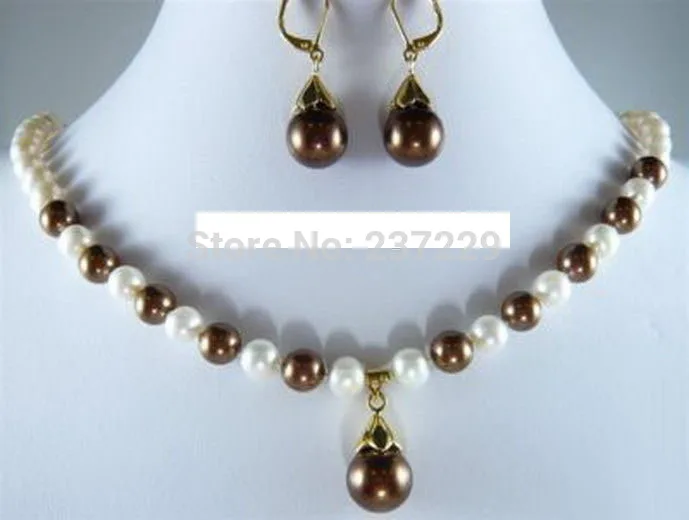 

Wholesale price FREE SHIPPING a^^Real White & Chocolate Brown Pearl Pendant Necklace Earrings Set (A0423)
